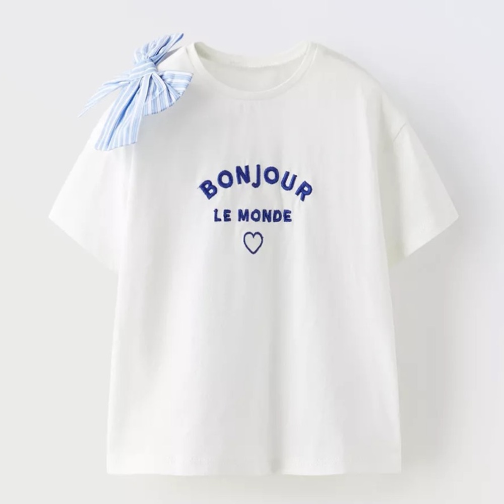 Zara White and Blue Short Sleeve Tee